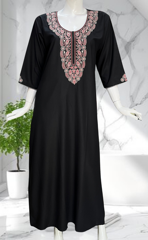 Black Embroidery Soft Cotton Long Sleeves Nighty. Soft Breathable Fabric | Laces and Frills