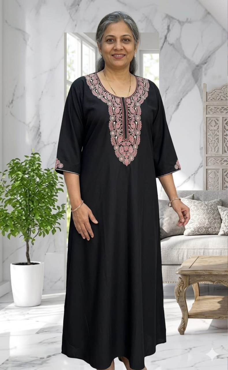 Black Embroidery Soft Cotton Long Sleeves Nighty. Soft Breathable Fabric | Laces and Frills - Laces and Frills