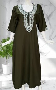 Olive Green Embroidery Soft Cotton Long Sleeves Nighty. Soft Breathable Fabric | Laces and Frills