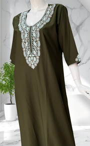 Olive Green Embroidery Soft Cotton Long Sleeves Nighty. Soft Breathable Fabric | Laces and Frills