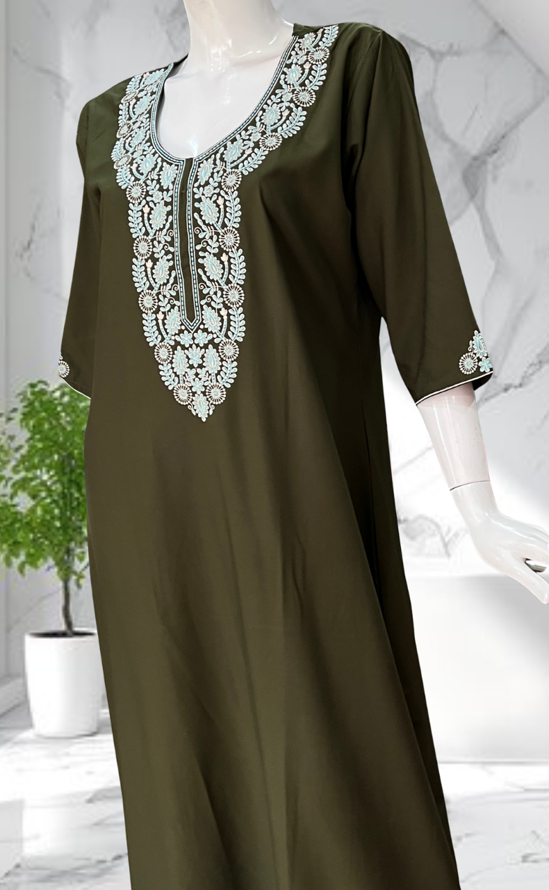 Olive Green Embroidery Soft Cotton Long Sleeves Nighty. Soft Breathable Fabric | Laces and Frills