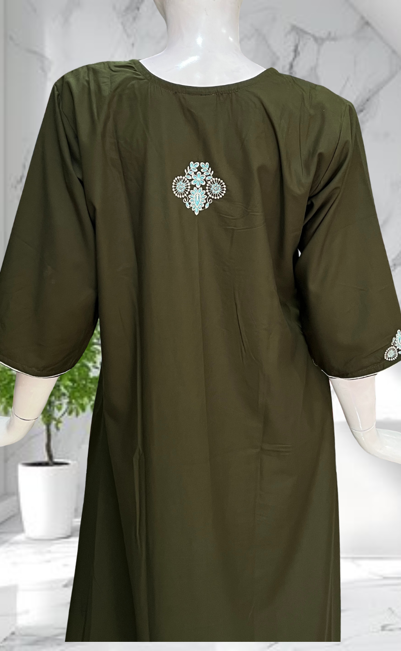 Olive Green Embroidery Soft Cotton Long Sleeves Nighty. Soft Breathable Fabric | Laces and Frills