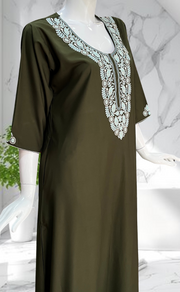 Olive Green Embroidery Soft Cotton Long Sleeves Nighty. Soft Breathable Fabric | Laces and Frills