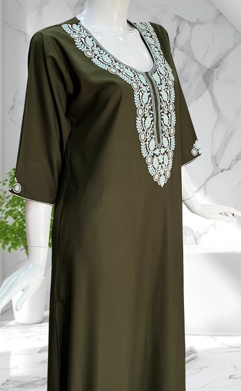 Olive Green Embroidery Soft Cotton Long Sleeves Nighty. Soft Breathable Fabric | Laces and Frills
