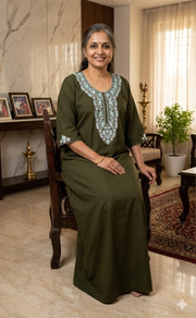 Olive Green Embroidery Soft Cotton Long Sleeves Nighty. Soft Breathable Fabric | Laces and Frills - Laces and Frills