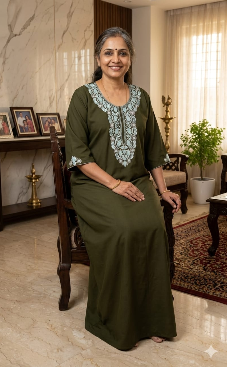 Olive Green Embroidery Soft Cotton Long Sleeves Nighty. Soft Breathable Fabric | Laces and Frills - Laces and Frills