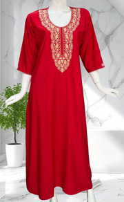 Red Embroidery Soft Cotton Long Sleeves Nighty. Soft Breathable Fabric | Laces and Frills