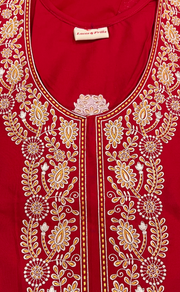 Red Embroidery Soft Cotton Long Sleeves Nighty. Soft Breathable Fabric | Laces and Frills