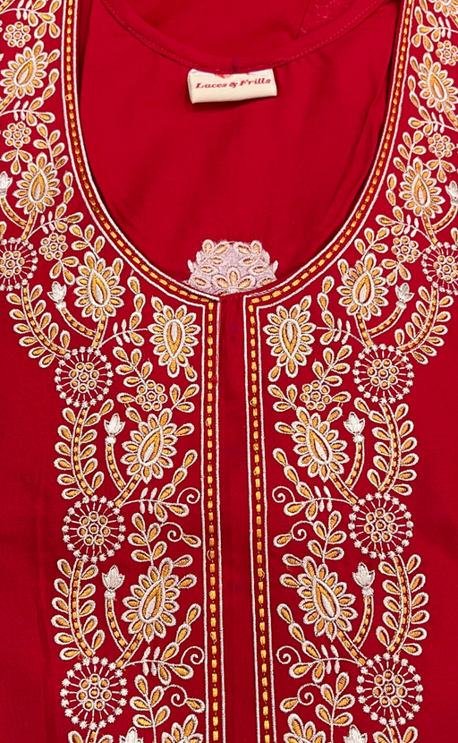 Red Embroidery Soft Cotton Long Sleeves Nighty. Soft Breathable Fabric | Laces and Frills