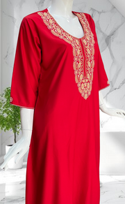 Red Embroidery Soft Cotton Long Sleeves Nighty. Soft Breathable Fabric | Laces and Frills