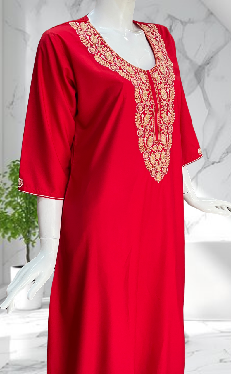Red Embroidery Soft Cotton Long Sleeves Nighty. Soft Breathable Fabric | Laces and Frills