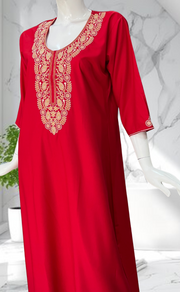 Red Embroidery Soft Cotton Long Sleeves Nighty. Soft Breathable Fabric | Laces and Frills