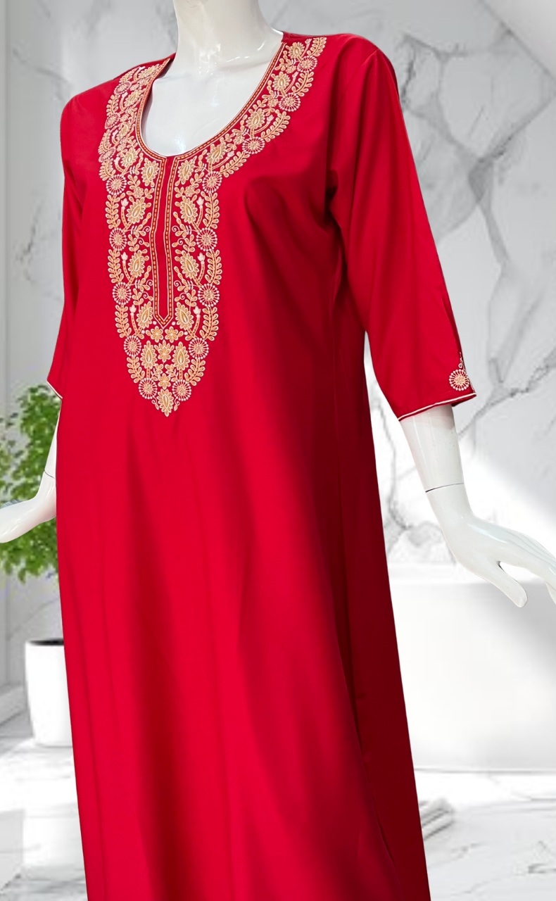 Red Embroidery Soft Cotton Long Sleeves Nighty. Soft Breathable Fabric | Laces and Frills