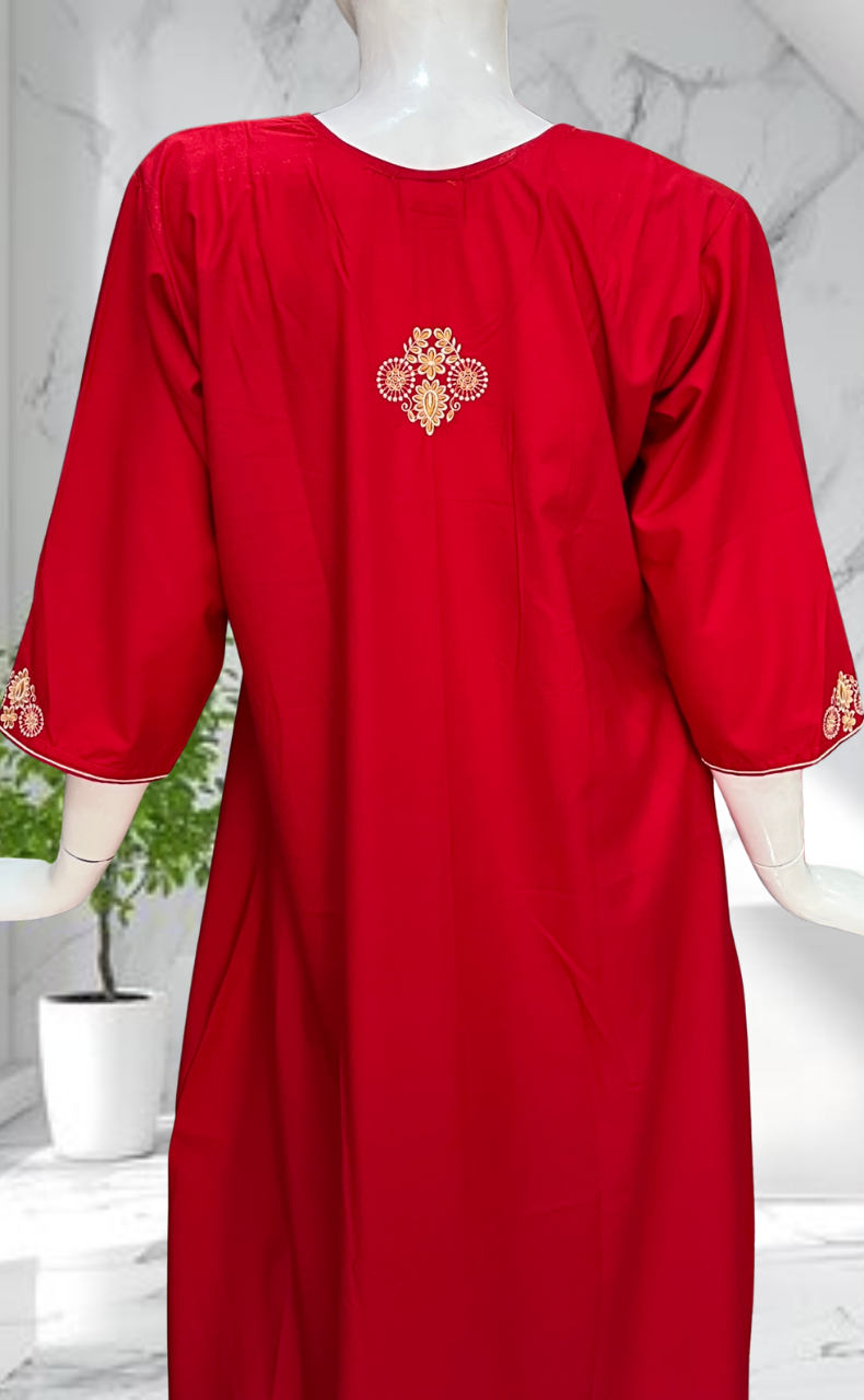 Red Embroidery Soft Cotton Long Sleeves Nighty. Soft Breathable Fabric | Laces and Frills
