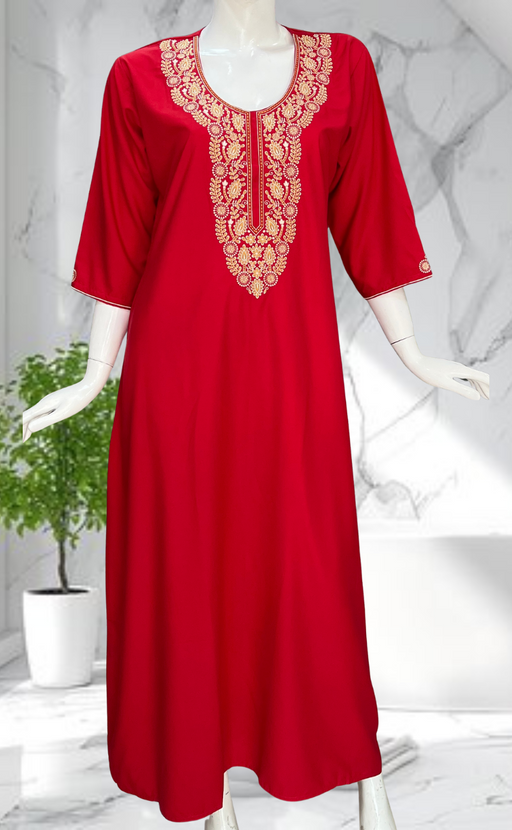 Red Embroidery Soft Cotton Long Sleeves Nighty. Soft Breathable Fabric | Laces and Frills