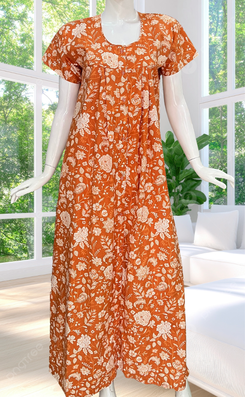 Orange Garden Full Open Pure Cotton Nighty. Pure Cotton | Laces and Frills