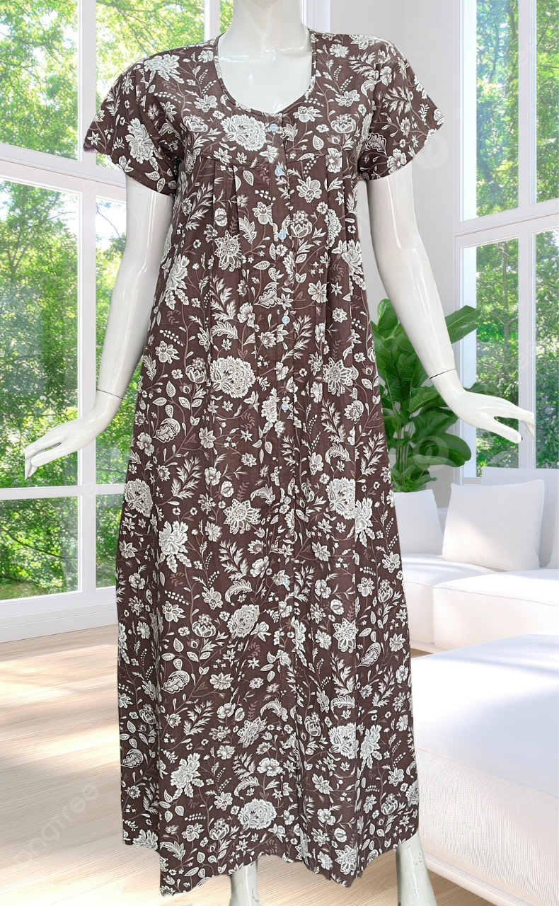 Brown Garden Full Open Pure Cotton Nighty. Pure Cotton | Laces and Frills