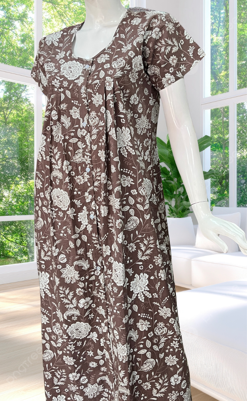 Brown Garden Full Open Pure Cotton Nighty. Pure Cotton | Laces and Frills