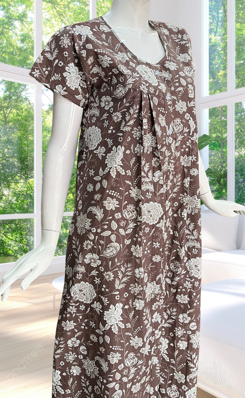 Brown Garden Full Open Pure Cotton Nighty. Pure Cotton | Laces and Frills