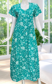 Sea Green Garden Full Open Pure Cotton Nighty. Pure Cotton | Laces and Frills