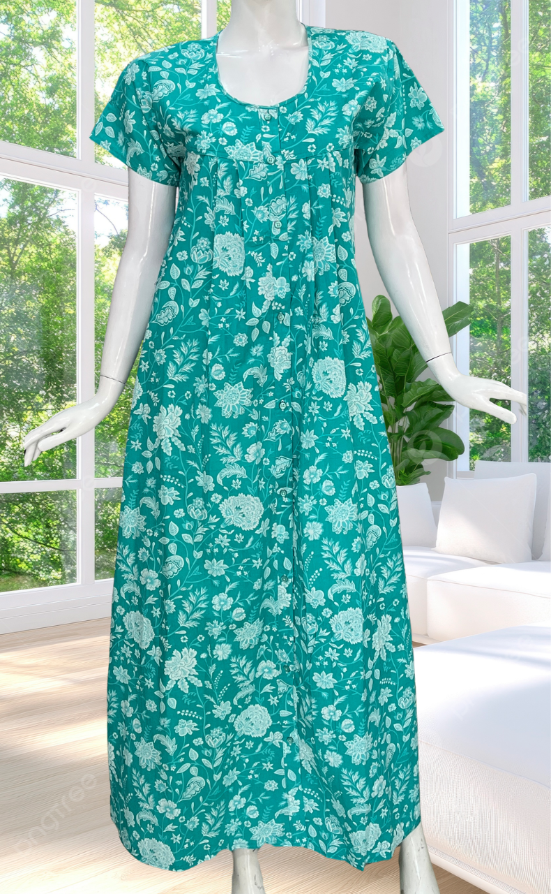 Sea Green Garden Full Open Pure Cotton Nighty. Pure Cotton | Laces and Frills