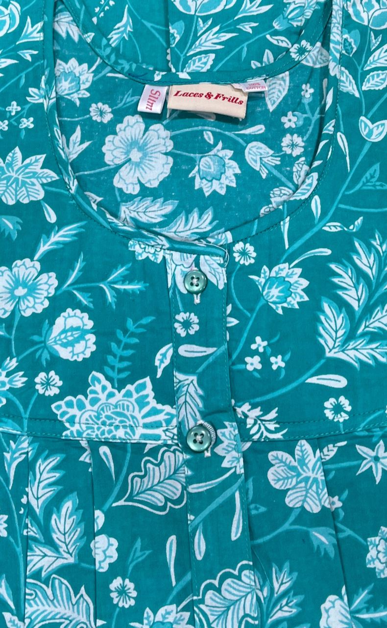 Sea Green Garden Full Open Pure Cotton Nighty. Pure Cotton | Laces and Frills
