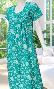 Sea Green Garden Full Open Pure Cotton Nighty. Pure Cotton | Laces and Frills