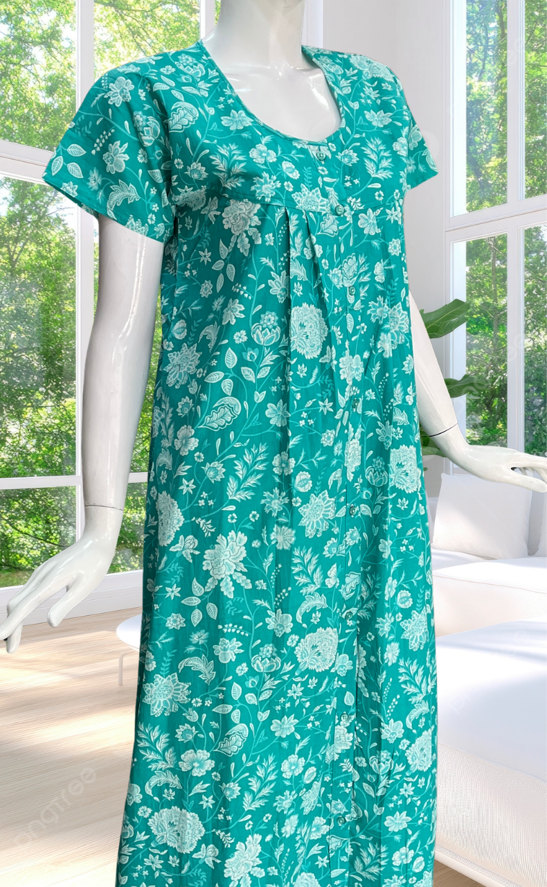 Sea Green Garden Full Open Pure Cotton Nighty. Pure Cotton | Laces and Frills