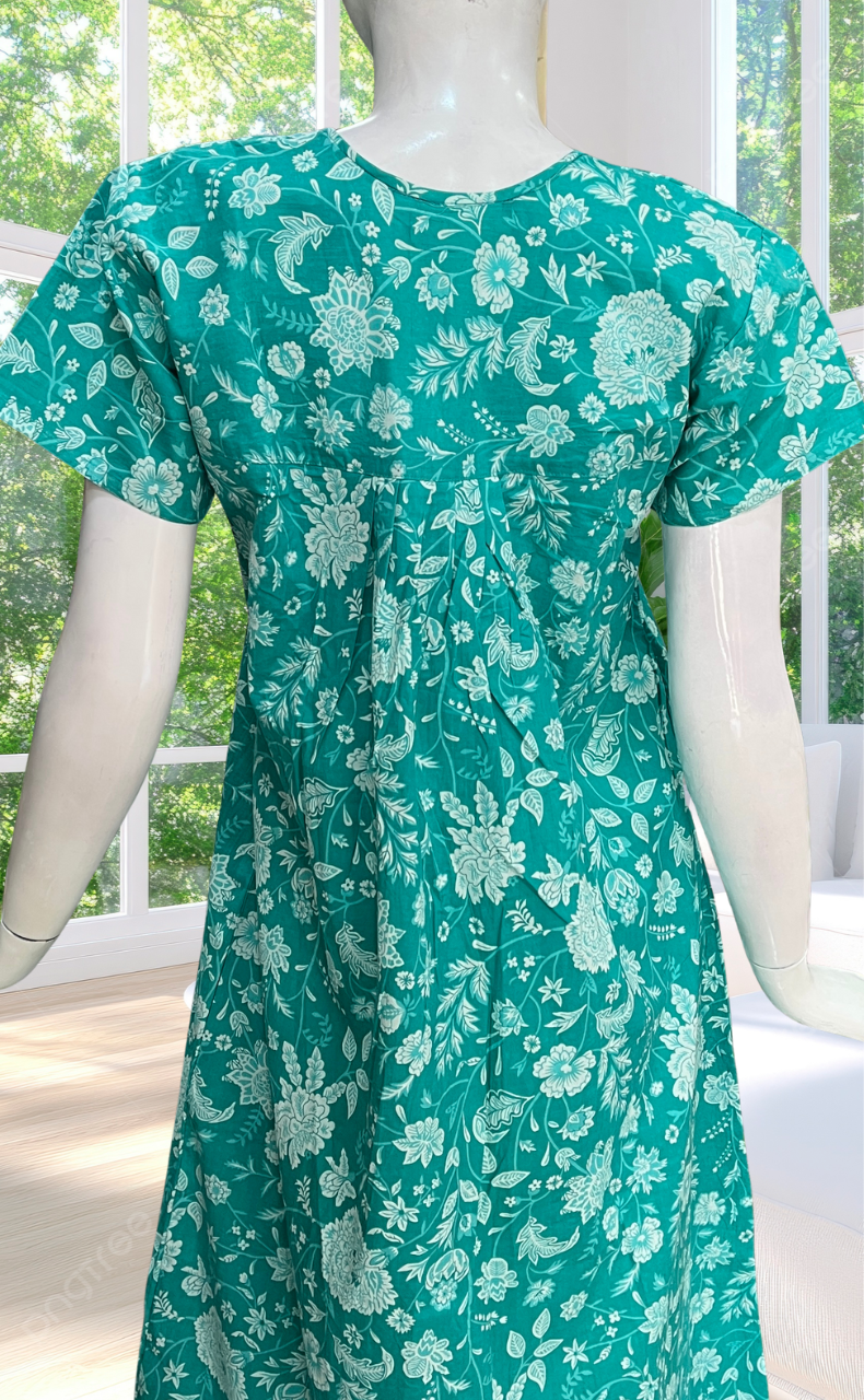 Sea Green Garden Full Open Pure Cotton Nighty. Pure Cotton | Laces and Frills