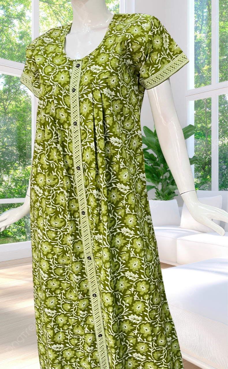 Green Garden Full Open Pure Cotton Nighty. Pure Cotton | Laces and Frills
