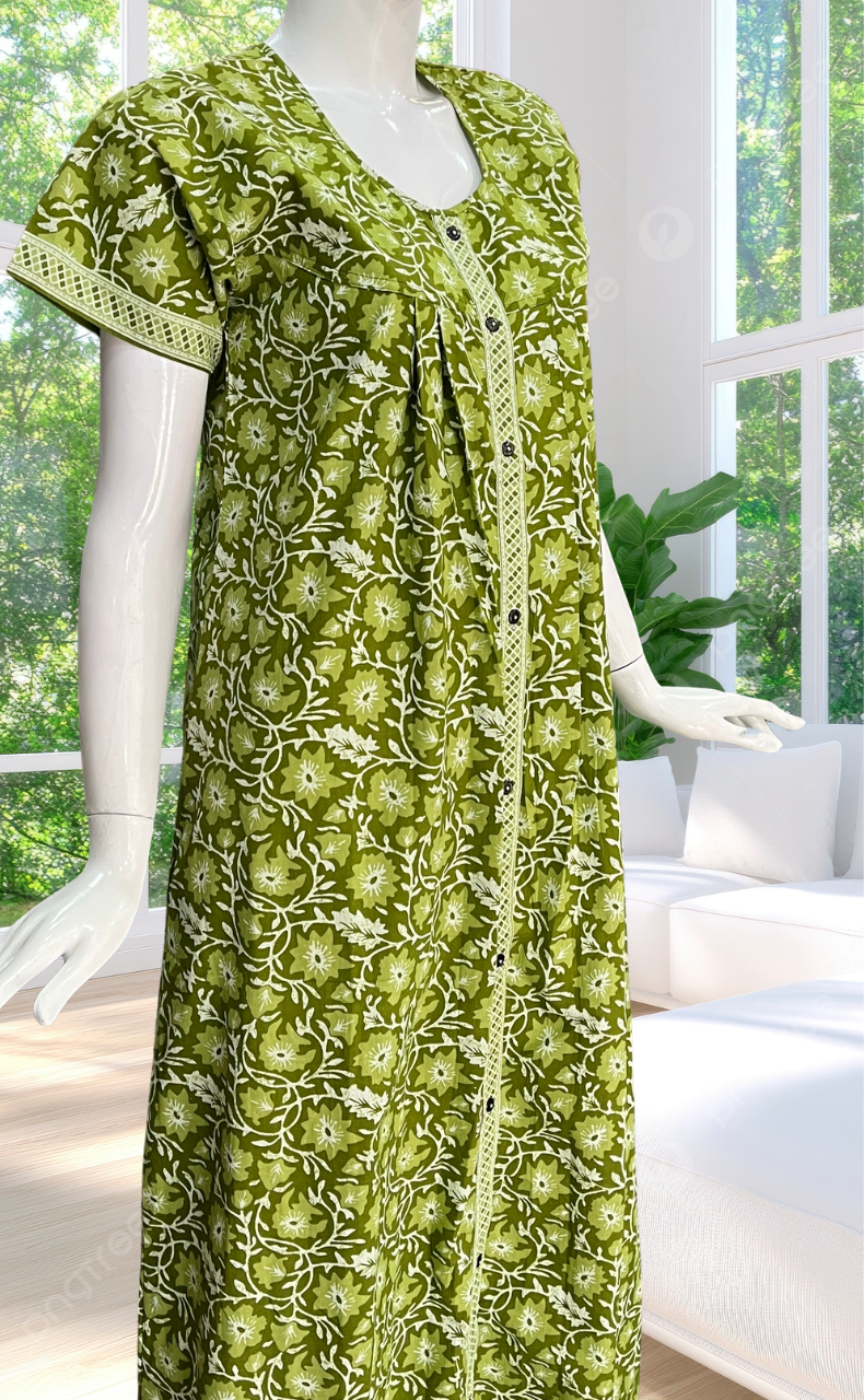 Green Garden Full Open Pure Cotton Nighty. Pure Cotton | Laces and Frills