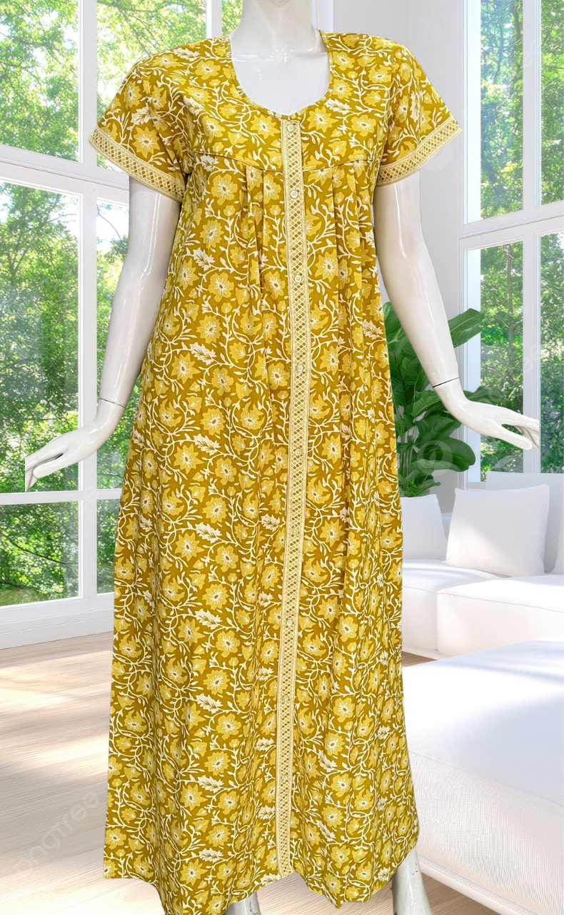 Yellow Garden Full Open Pure Cotton Nighty. Pure Cotton | Laces and Frills