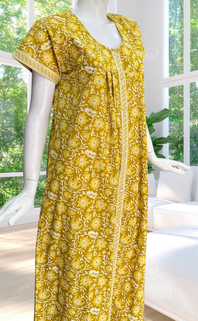 Yellow Garden Full Open Pure Cotton Nighty. Pure Cotton | Laces and Frills