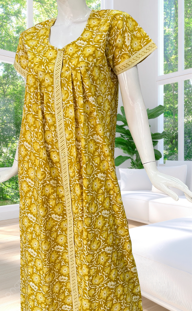Yellow Garden Full Open Pure Cotton Nighty. Pure Cotton | Laces and Frills