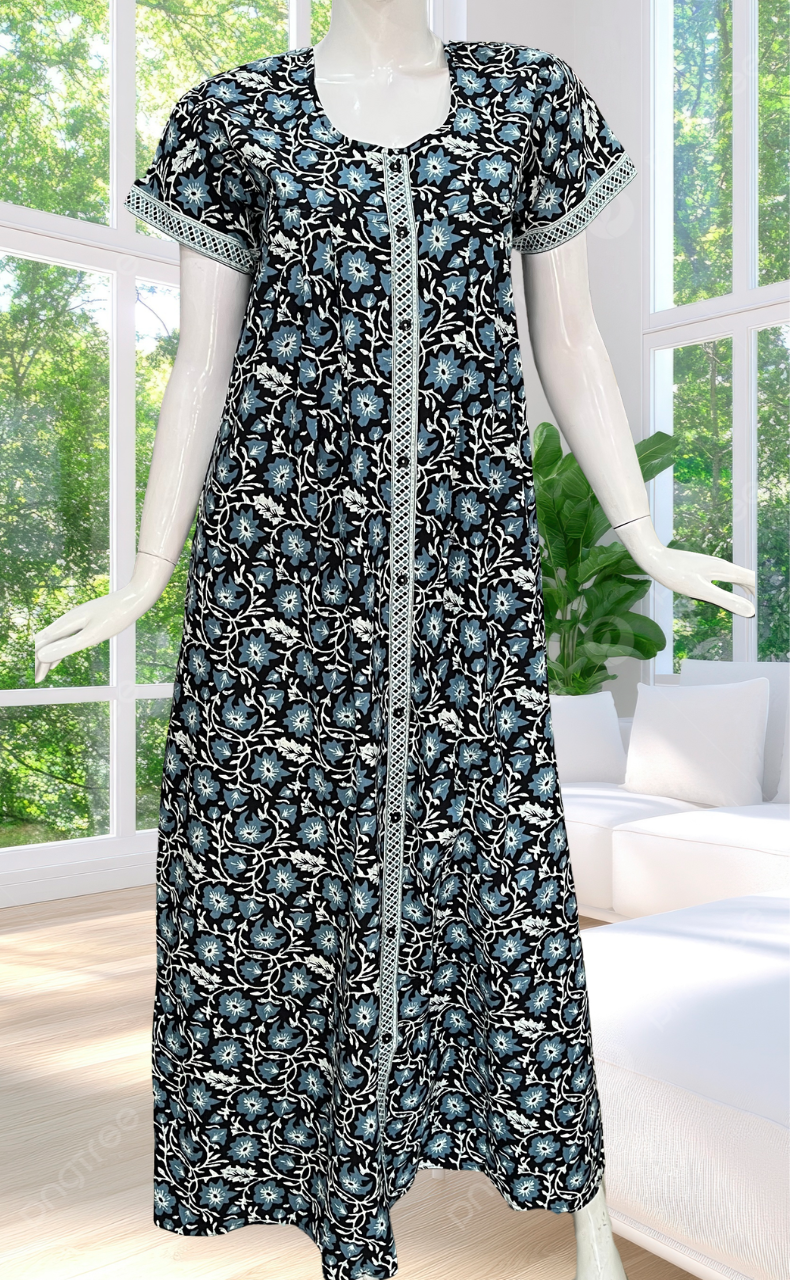 Black Garden Full Open Pure Cotton Nighty. Pure Cotton | Laces and Frills