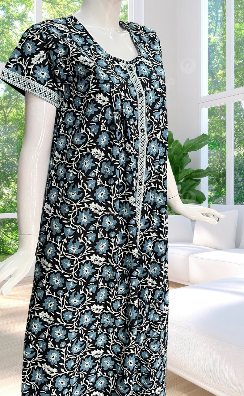 Black Garden Full Open Pure Cotton Nighty. Pure Cotton | Laces and Frills