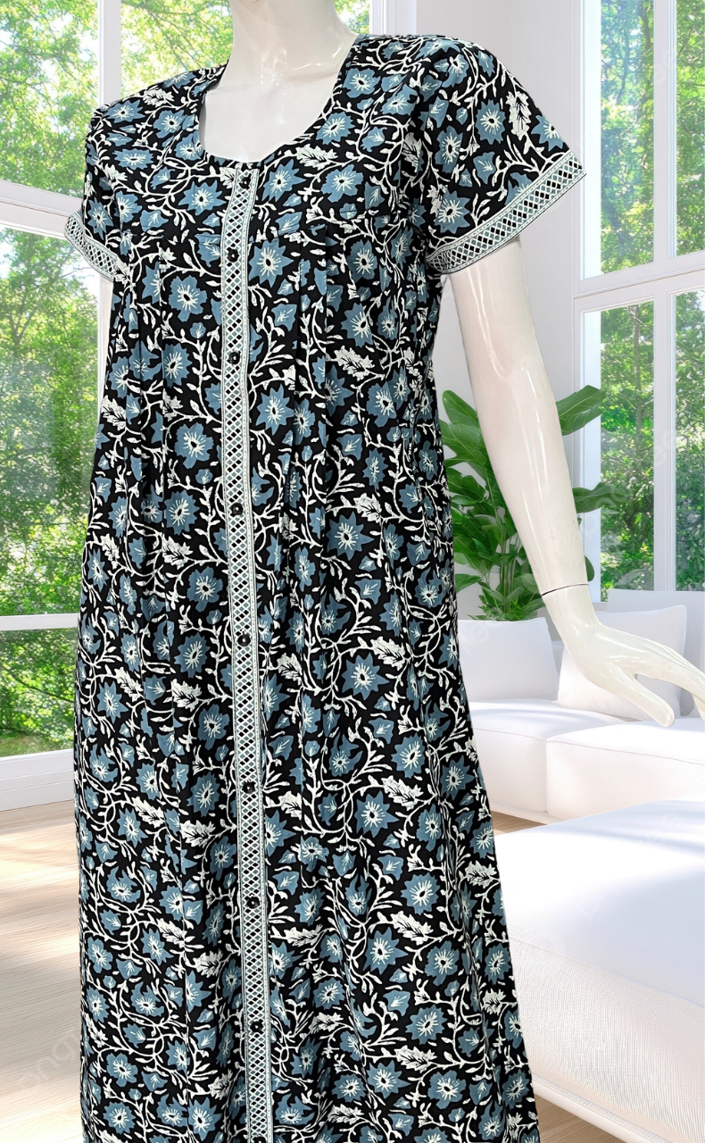 Black Garden Full Open Pure Cotton Nighty. Pure Cotton | Laces and Frills