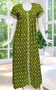 Green Leafy Full Open Pure Cotton Nighty. Pure Cotton | Laces and Frills