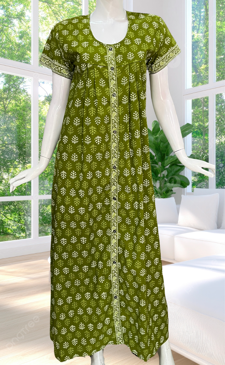 Green Leafy Full Open Pure Cotton Nighty. Pure Cotton | Laces and Frills