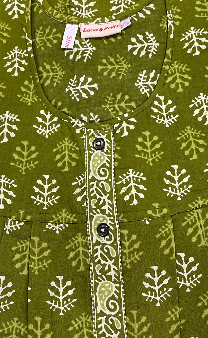 Green Leafy Full Open Pure Cotton Nighty. Pure Cotton | Laces and Frills