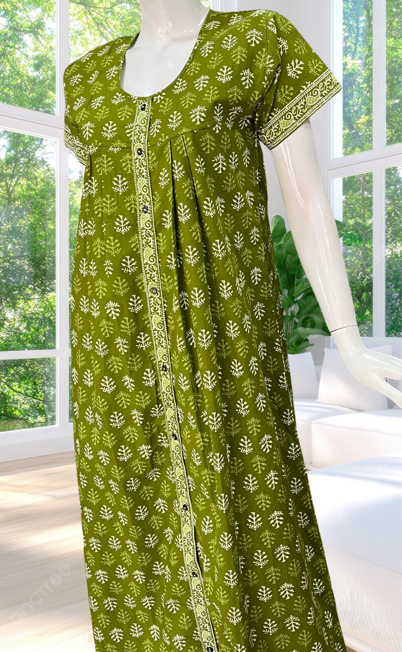 Green Leafy Full Open Pure Cotton Nighty. Pure Cotton | Laces and Frills