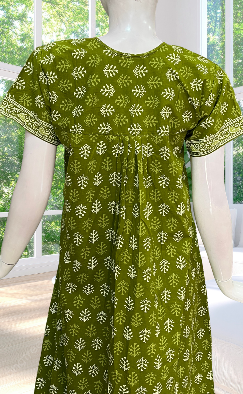 Green Leafy Full Open Pure Cotton Nighty. Pure Cotton | Laces and Frills