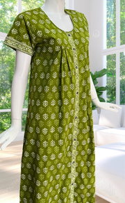 Green Leafy Full Open Pure Cotton Nighty. Pure Cotton | Laces and Frills