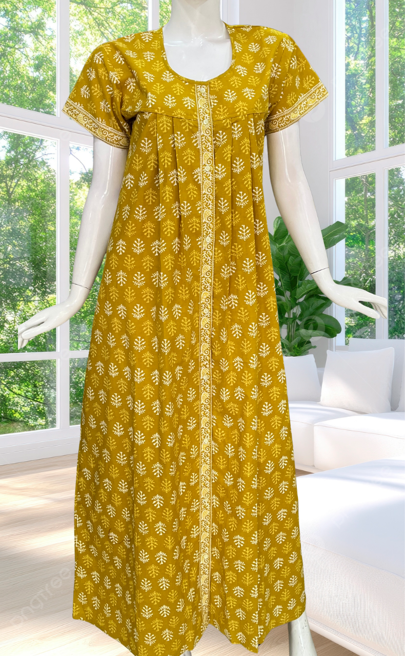 Yellow Leafy Full Open Pure Cotton Nighty. Pure Cotton | Laces and Frills