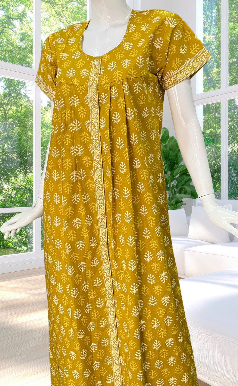 Yellow Leafy Full Open Pure Cotton Nighty. Pure Cotton | Laces and Frills