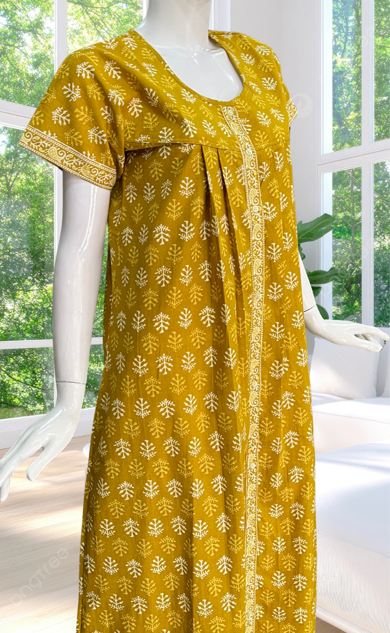 Yellow Leafy Full Open Pure Cotton Nighty. Pure Cotton | Laces and Frills