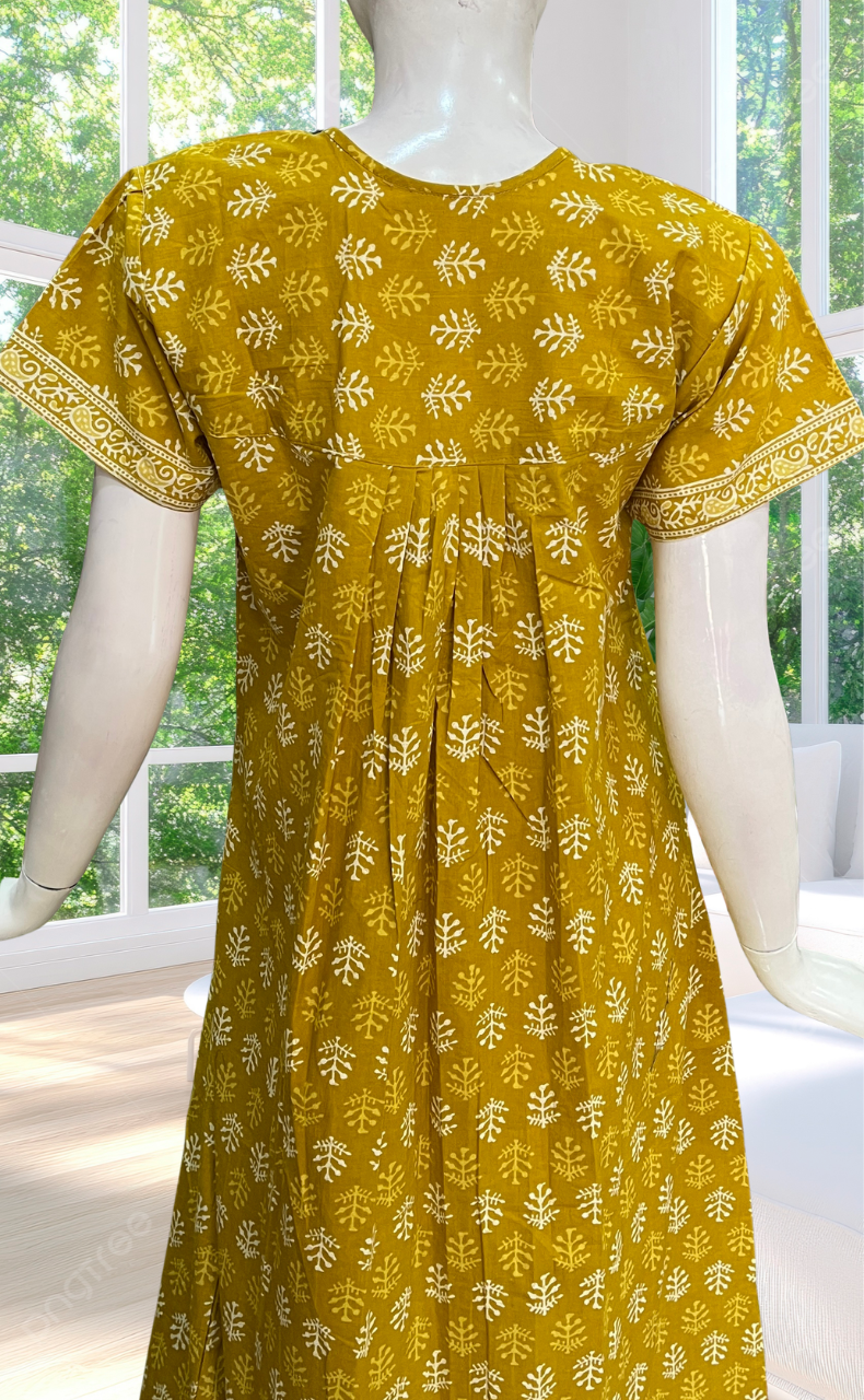 Yellow Leafy Full Open Pure Cotton Nighty. Pure Cotton | Laces and Frills