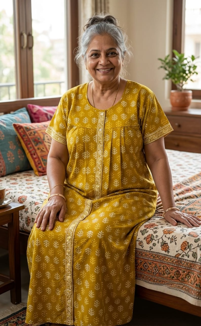Yellow Leafy Full Open Pure Cotton Nighty. Pure Cotton | Laces and Frills