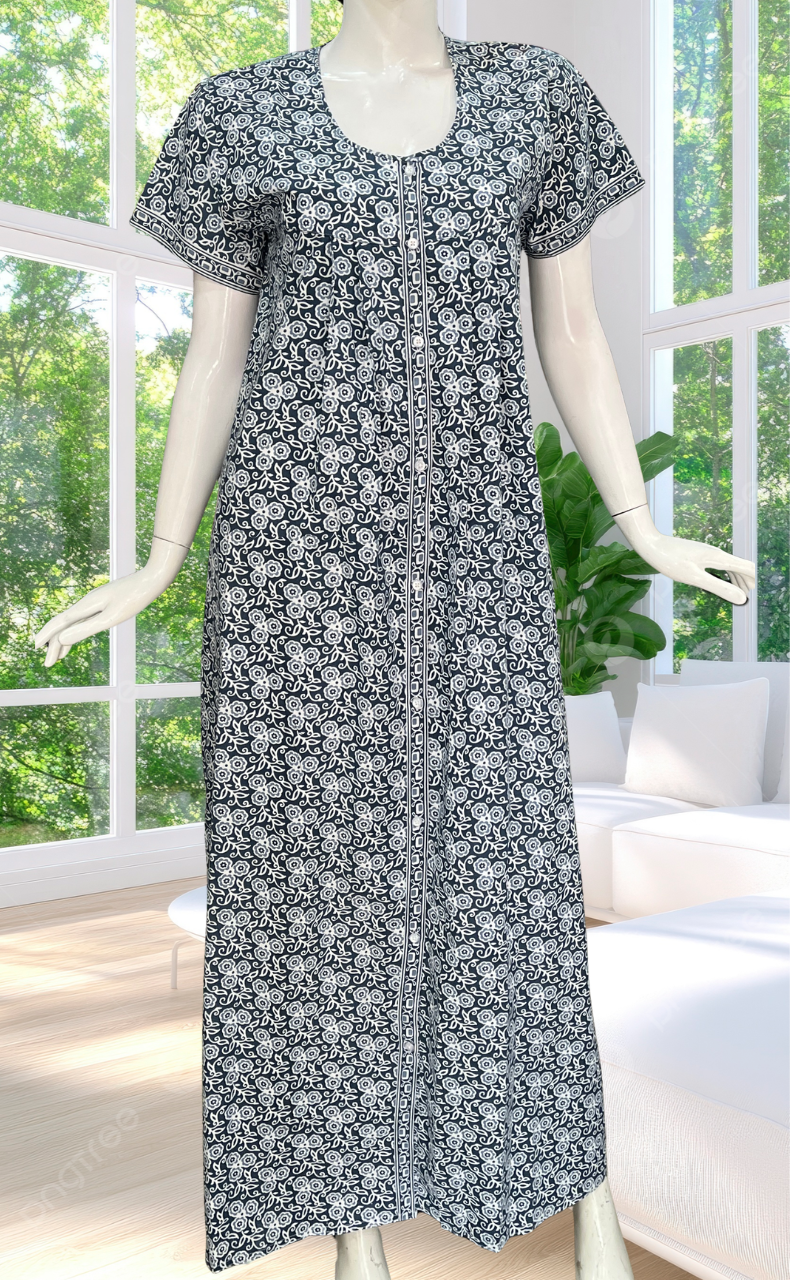 Grey Floral Full Open Pure Cotton Nighty. Pure Cotton | Laces and Frills