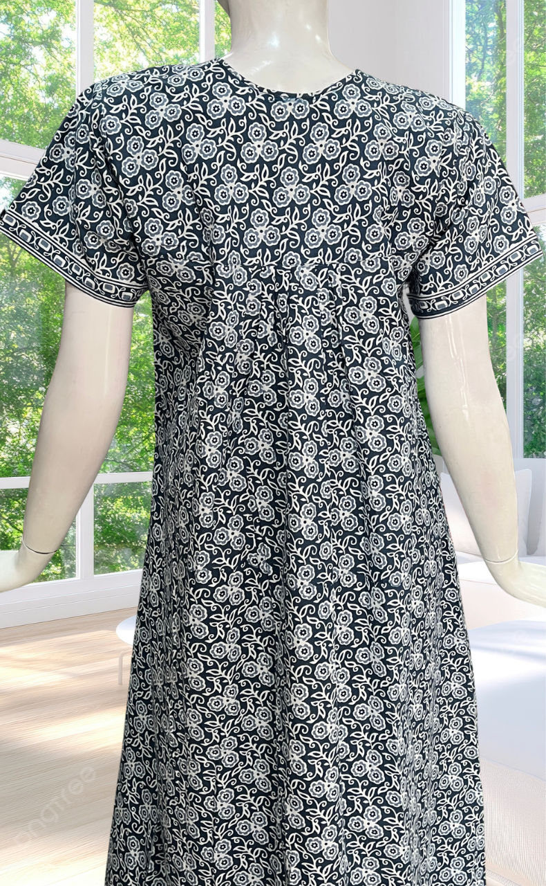 Grey Floral Full Open Pure Cotton Nighty. Pure Cotton | Laces and Frills